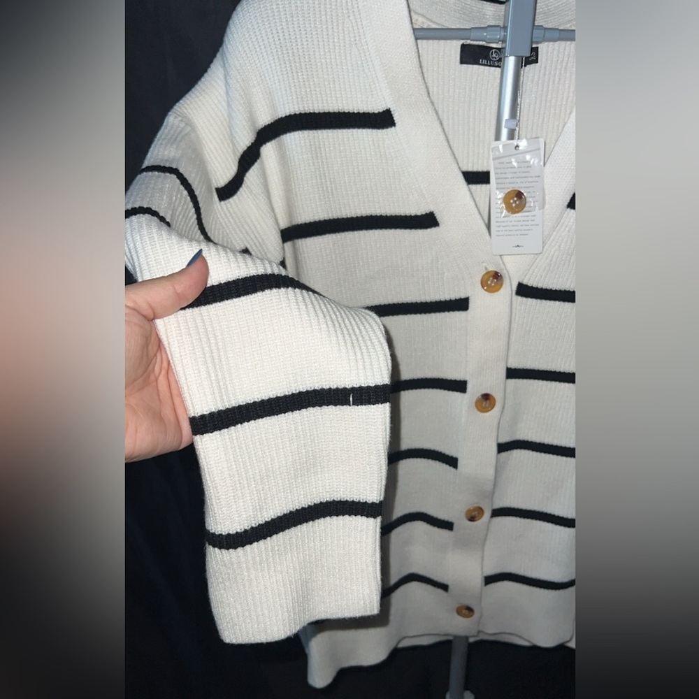 Classic Black and White Striped Cardigan Sweater - Picture 2 of 5